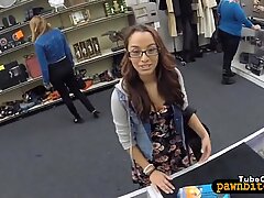 Coed in glasses sells her boobs and fucked by pawnkeeper